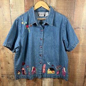 Vintage Keren Hart Embroidered Birdhouse Denim Shirt XXL Cottagecore Hummingbird